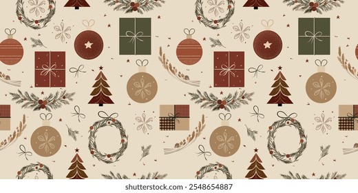  Rustic Farmcore Christmas Seamless Pattern with Ornaments, Gifts, Wreaths, Wheat, and Pine Branches in Earthy Tones – Perfect for Festive Holiday Wrapping and Decorations