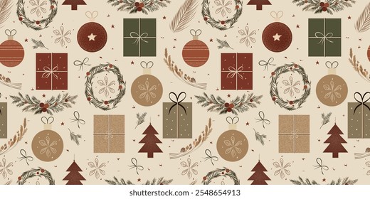  Rustic Farmcore Christmas Seamless Pattern with Ornaments, Gifts, Wreaths, Wheat, and Pine Branches in Earthy Tones – Perfect for Festive Holiday Wrapping and Decorations