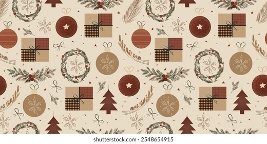 Rustic Farmcore Christmas Seamless Pattern with Ornaments, Gifts, Wreaths, Wheat, and Pine Branches in Earthy Tones – Perfect for Festive Holiday Wrapping and Decorations	