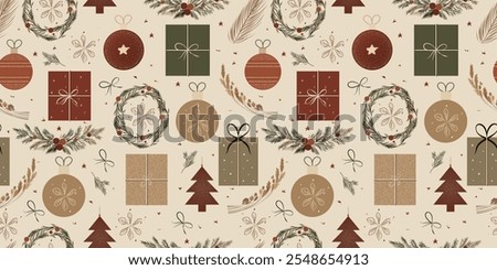  Rustic Farmcore Christmas Seamless Pattern with Ornaments, Gifts, Wreaths, Wheat, and Pine Branches in Earthy Tones – Perfect for Festive Holiday Wrapping and Decorations