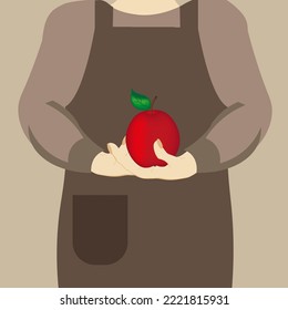 Granjero rústico sosteniendo manzana dulce roja en la mano. Una mujer en delantal sostiene manzana con hojas verdes. Persona con una hermosa manzana. Concepto de granja ecológica.