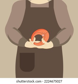 Rustic farmer holding slice of salmon in the hand. Woman in apron holds slice of red fish. Person with a beautiful slice of trout. Eco farm concept.
