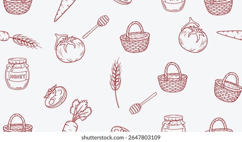 Rustic farmers-market seamless pattern. Honey jar, wicker basket, wheat ear, carrot, tomato slice and dipper repeat on white. Country kitchen wrapping-paper or fabric print