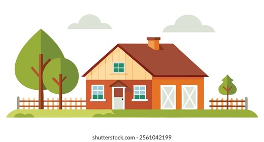 Rustic Farmhouse Vector Illustration with Classic Features