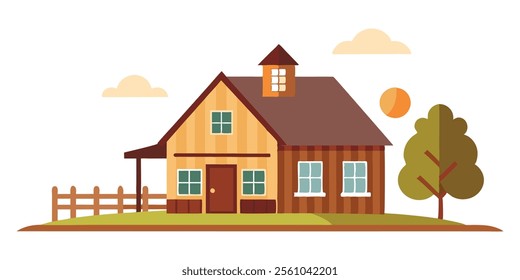 Rustic Farmhouse Vector Illustration with Classic Features