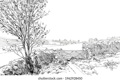 Rustic fence with a wicket. Village sketch hand drawn vector illustration.
