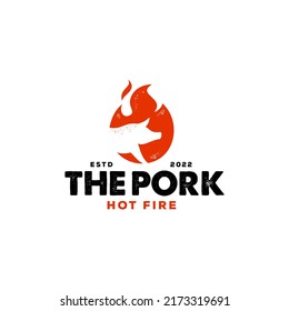 rustic fire pork meat logo. vintage hot pig in flame vector icon illustration with grain effect , modern gradient logo , fast food restaurant app icon