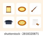 Rustic flat vector icon set for sourdough baking enthusiasts: starter jar with bubbles, banneton proofing basket, bread scoring lame, dutch oven, scored sourdough loaf, and flour sack. Perfect for artisan bakery branding, baking blog content, home baking tutorials, and kitchenware product packaging — a rapidly growing food trend still underserved on stock platforms.