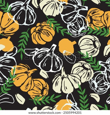 Rustic Flavor Onions and Garlic with Leaf Accents. Ideal for decorating kitchen accessories, textiles, or any space that celebrates the art of cooking.