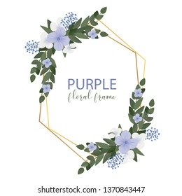Rustic floral circle frame. Purple hydrangea flower round border with greenery. Great for wedding or greeting card template element.