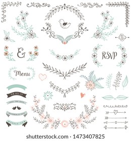 Rustic floral design elements. Hand drawn compositions with decorative flowers, leaves and branches. Vector illustration.