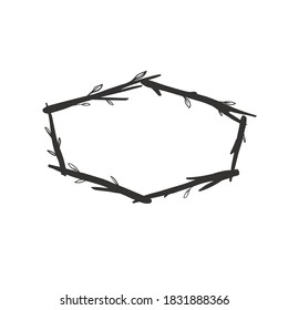 Rustic floral frame. Vector natural frame isolated on white. Decorative hexagonal botanical frame, vector illustration.