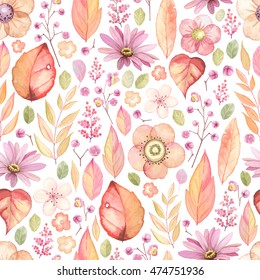 Padrão floral rústico com flores, folhas e ramos. Fundo de outono vetor, ilustração sem costura em estilo vintage.
