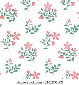 Rustic floral print with pink flowers, leaves on bushes, stems. Seamless pattern, delicate botanical background with hand drawn wild plants. Vector illustration.