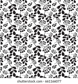Rustic floral seamless pattern, black plants on white background