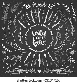 Rustic floral set of decorative elements on a chalkboard. Vector illustration.