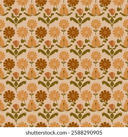 Rustic Floral Tile Seamless Pattern in Golden Yellow and Beige