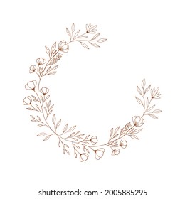 Corona floral rústica. Estilo de doodle dibujado a mano. Ilustración de bodas vectoriales.