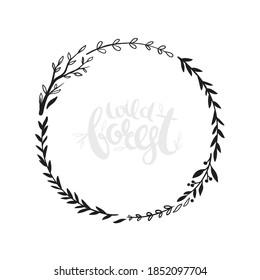 Rustic floral wreath. Round vector floral frame isolated on white. Simple round natural frame with leaves. Black and white vector sketch, eps10.