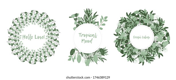 Rustic floral wreath set. Botanical round frames with copy space for text. Vintage borders with herbal twigs and branches. Vector illustration. Round eucalyptus borders isolated on white. 