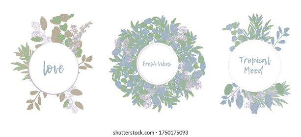 Rustic floral wreath set. Botanical round frames with copy space for text. Vintage borders with herbal twigs and branches. Vector illustration. Round eucalyptus borders isolated on white. 