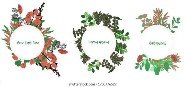 Rustic floral wreath set. Botanical round frames with copy space for text. Vintage borders with herbal twigs and branches. Vector illustration. Round eucalyptus borders isolated on white. 