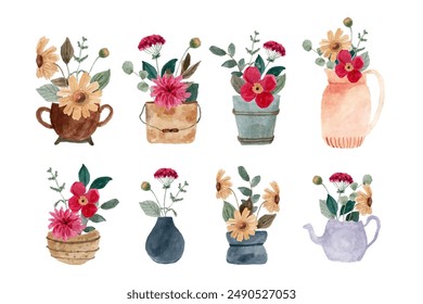 rustic flower in pot watercolor collection