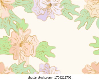 Rustic flowers. Seamless vector floral pattern. Gentle colors blooming. Pink, violet, green, gold botanical print. Beautiful fabric design. Pastel wallpapers with place for text. Original floral frame
