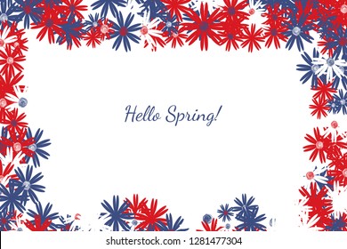 Rustic Flowers Square Frame Original Vector Design. Hand Drawn Watercolor Floral Spring Border. Colorful Simple Rustic Flowers Confetti Frame. Hello Spring Illustration in Blue, Red, Navy Colors