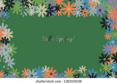 Rustic Flowers Square Frame Original Vector Design. Hand Drawn Watercolor Floral Spring Border. Colorful Simple Rustic Flowers Confetti Frame.Spring Illustration in Halftone Orange, Green, Blue