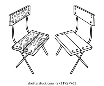 Rustic Folding Chair Hand Drawn Doodle.  Isolated Wooden Garden Furniture Element Line Art on white background. Vector Illustration. Not AI
