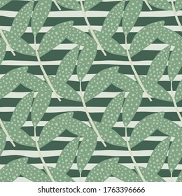 Rustic forest foliage branches seamless pattern on stripes background.Twigs and leaves endless  botanical wallpaper. Decorative backdrop for fabric design, textile print, wrapping. Vector illustration