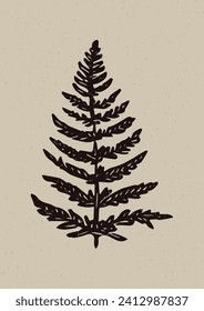 Rustikaler Wald Holzschnitt aus Farnblättern in einfachem Silhouette-Stil Vektormotiv. Grungy Symbol für natürliche botanische Elemente handgefertigte Linoprint-Illustration. Waldlandnaive skurrile Grafik. 