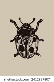 Bosque rústico de brote de folkart con un simple motivo vectorial al estilo de la silueta. Icono de niebla para la ilustración de linoprint hecha a mano con elemento de insecto natural. Dibujo caprichoso e ingenuo de Woodland.