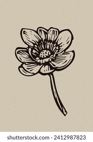Rustic forest woodcut of folkart flower in simple silhouette style vector motif. Grungy icon for natural botany element handmade linoprint illustration. Woodland naive whimsical graphic.