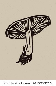 Rustic forest woodcut of folkart mushroom in simple silhouette style vector motif. Grungy icon for natural forest fungi element handmade linoprint illustration. Woodland naive whimsical graphic. 