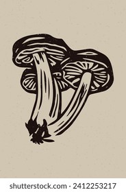 Rustic forest woodcut of folkart mushroom in simple silhouette style vector motif. Grungy icon for natural forest fungi element handmade linoprint illustration. Woodland naive whimsical graphic. 