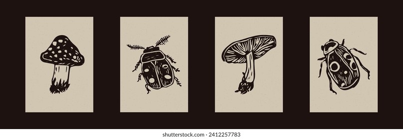 Rustic forest woodcut of folkart mushroom and bugs in simple silhouette style vector motif collection. Set of grungy icon illustration in whimsical handmade linoprint. Natural woodland naive graphic. 
