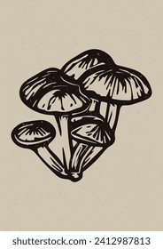 Rustic forest woodcut of folkart mushroom in simple silhouette style vector motif. Grungy icon for natural fungi element handmade linoprint illustration. Woodland naive whimsical graphic. 