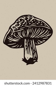 Rustic forest woodcut of folkart mushroom in simple silhouette style vector motif. Grungy icon for natural fungi element handmade linoprint illustration. Woodland naive whimsical graphic. 