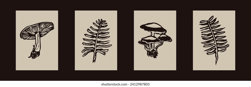 Rustic forest woodcut set of folkart mushrooms and fern in simple silhouette style vector motif collection. Set of grungy fungi icon illustration in whimsical handmade linoprint. 