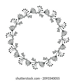 Rustic frame made of beautiful branches. and Flowers, black and white hand drawing style