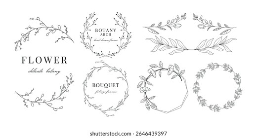 Conjunto de quadros rústicos. Bordas dos convites. Botânica e floral. Mão desenhada caprichosa e doodle coleção. Deixa elementos. Casamento de coroa. Redondo e círculos. Buquês. primavera e verão