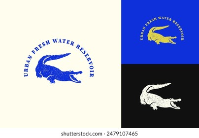 rustic fresh water crocodile logo design, is a logo design that illustrates a swamp crocodile in vintage blue, a logo for clean water reservoirs and crocodile conservation.