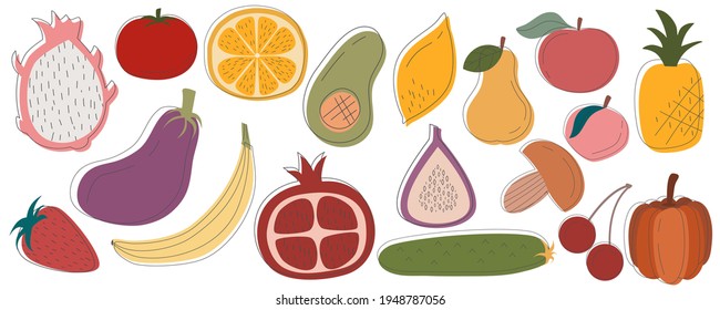 Rustic fruits vegetables in set are isolated white background. Varied food vegetarians and day dieters. Vector fruits avocado, dragon, fig, pineapple Vector vegetables eggplant, pumpkin, mushroom.