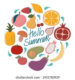 Rustic fruits, vegetables in set are isolated on white background with the handwritten text hello summer. A variety of vegetarian food and daily diets. ruits avocado, dragon, fig. Circular format