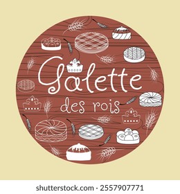 Rustic "Galette des Rois" design with white outlines of French pastries, crowns, and wheat stalks on a textured wooden background, all encased in a circular frame with warm, festive tones.