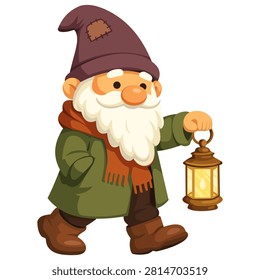 Rustic Garden Gnome with Brown Pointed Hat, Gray Beard, Glowing Lantern, Green Coat, Sturdy Boots