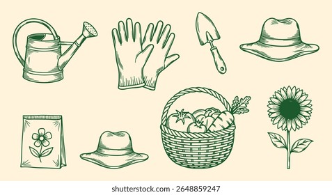 Rustic garden tool vector set, green line watering can, gloves, trowel hat,s seed packet veggie basket, and sunflower. Country backyard hobby clipart.