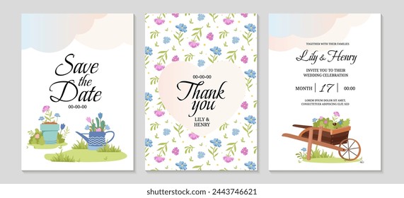 Invitación de boda de jardín rústico. Plantilla de pósters de boda de primavera. Fondo para tarjetas de felicitación. Carretilla, regadera y macetas. Patrón floral. Ilustración plana vectorial.